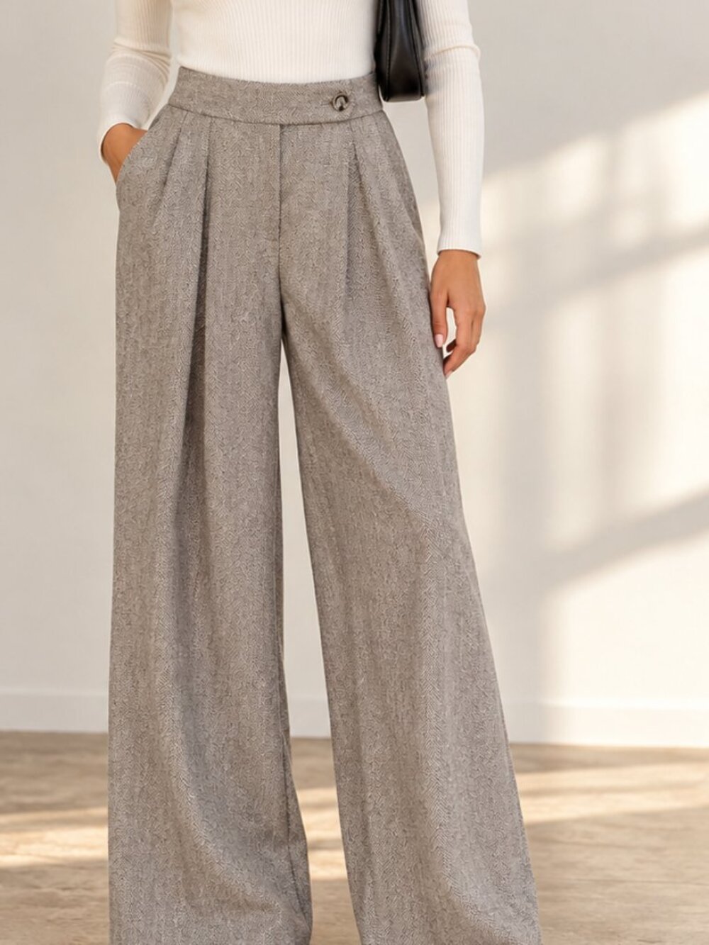 Dynamite Herringbone Wide Leg Pleated Trousers Size 8 Taupe Beige